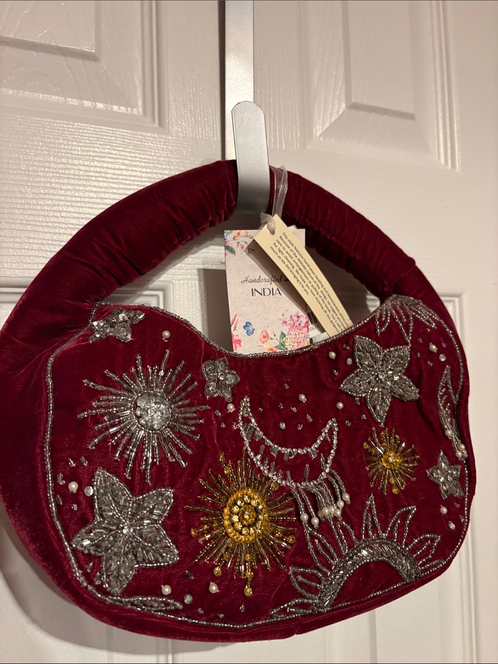 BNWT Handmade Burgundy Velvet Beaded Celestial Shoulder Bag Embellished India